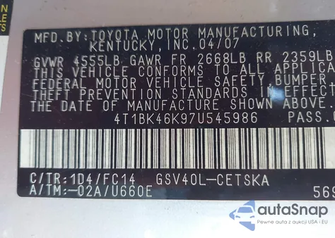 2007 Toyota Camry Se V6 из США, поврежденный, VIN 4T1BK46K97U545986